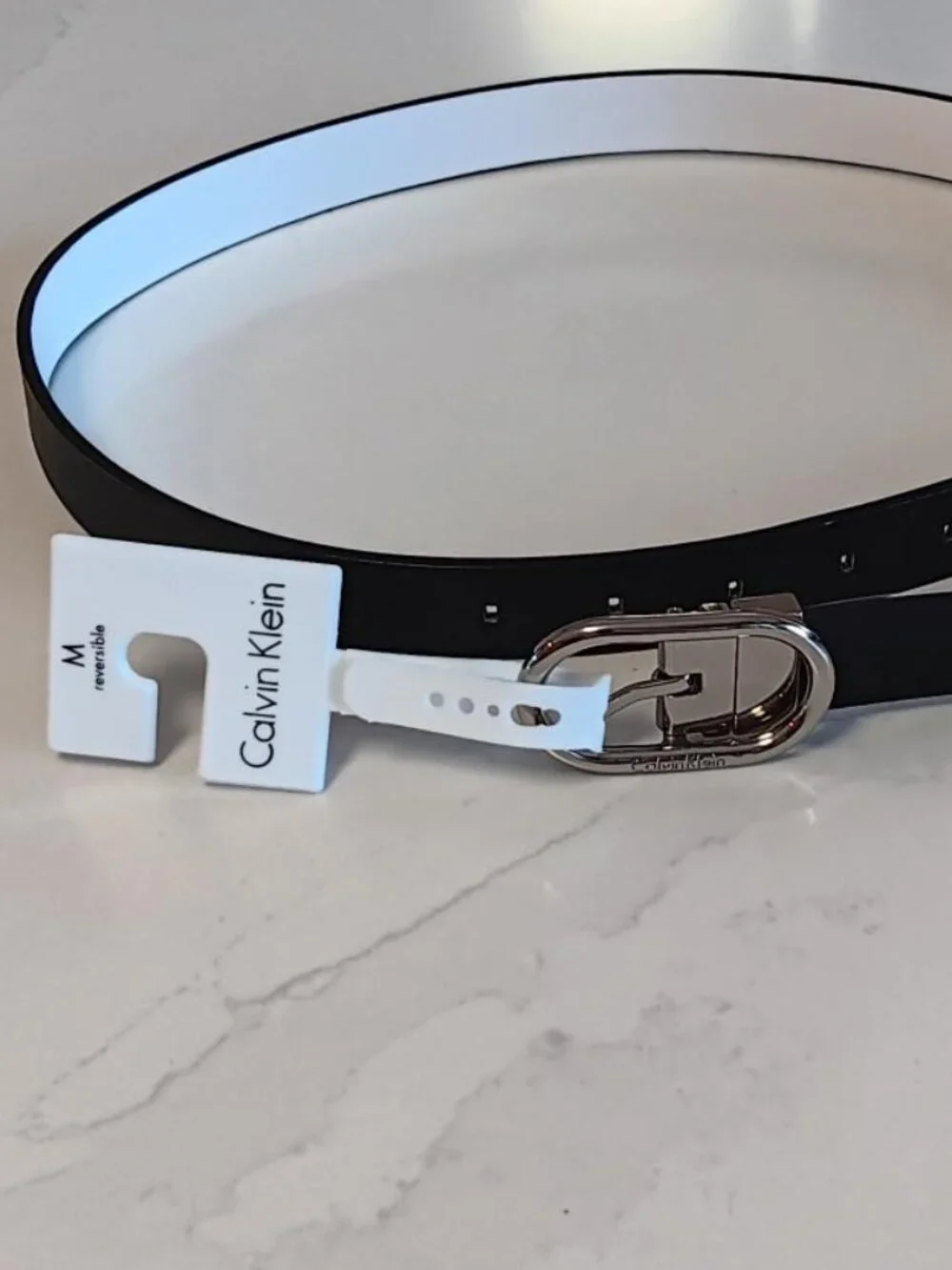 CALVIN KLEIN Womens Belt Reversible Black White Silver Buckle Size M NEW